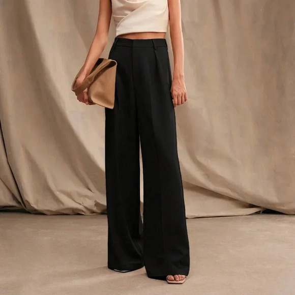 Black Casual Women's Plain Straight High-Waisted Pants - Picture 1 of 6